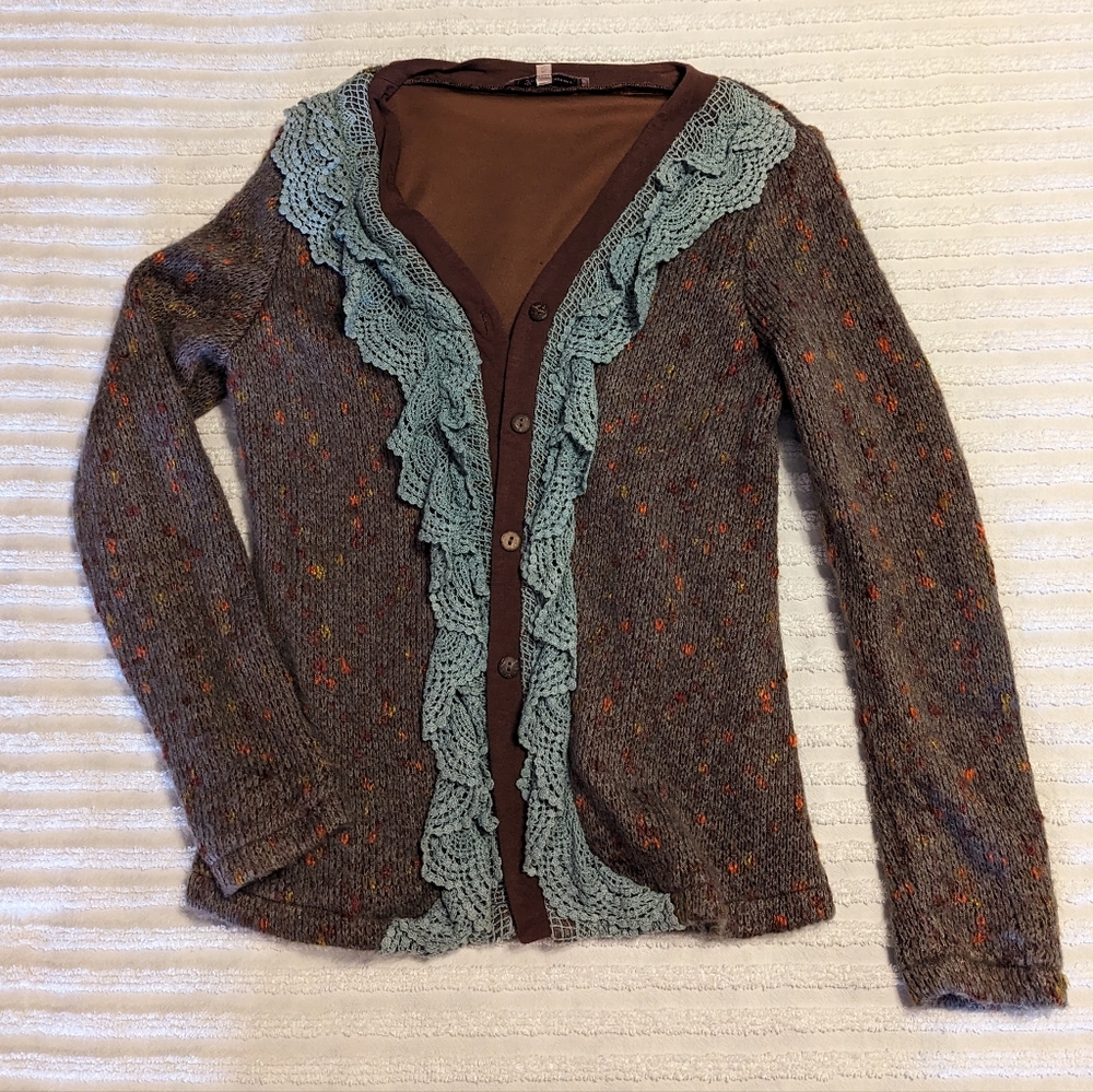 Young Essence Brown Tweed Cardigan with Teal Lace Trim